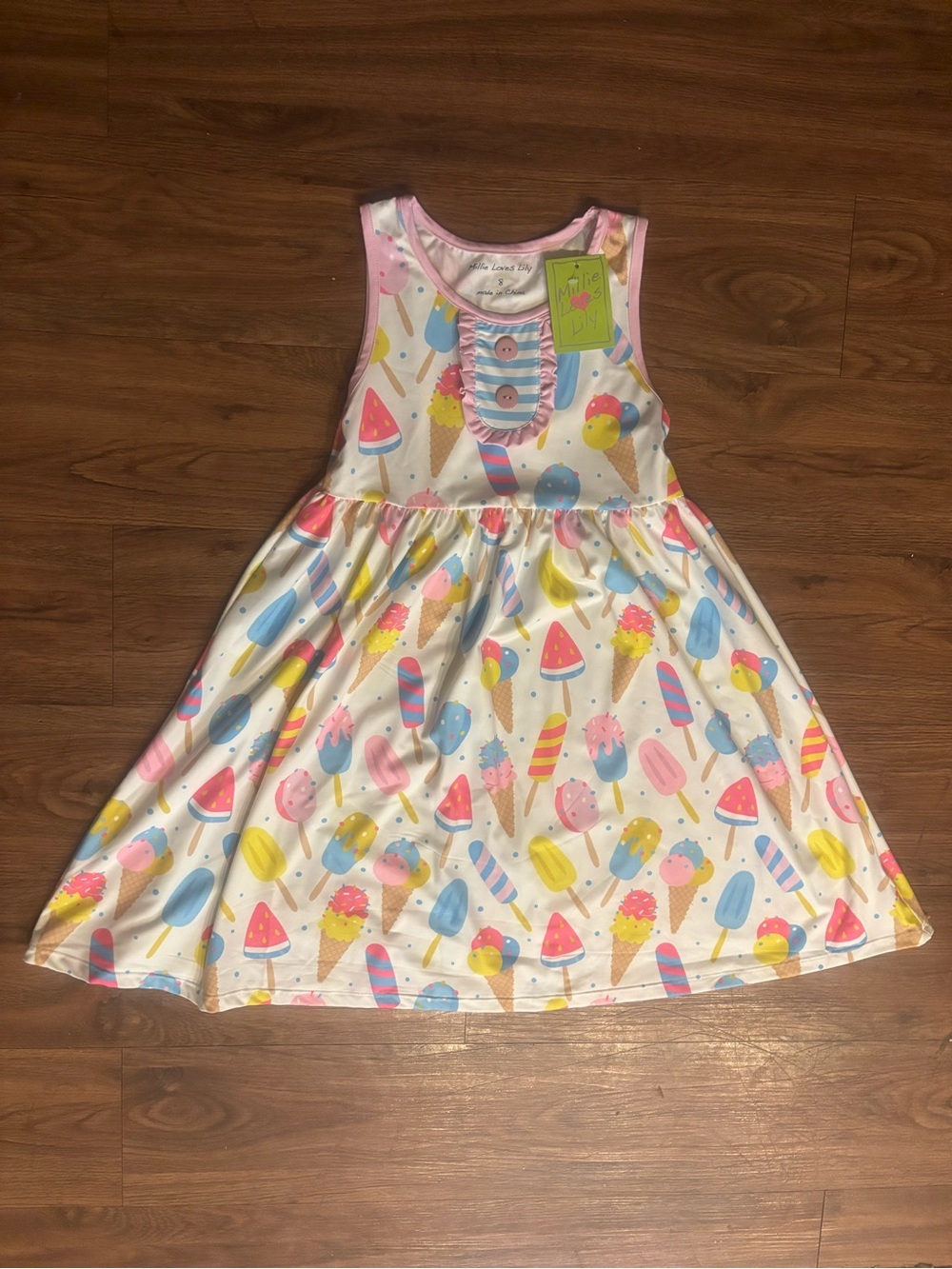 Girls' Ice Cream Print Summer Dress - Pink & White